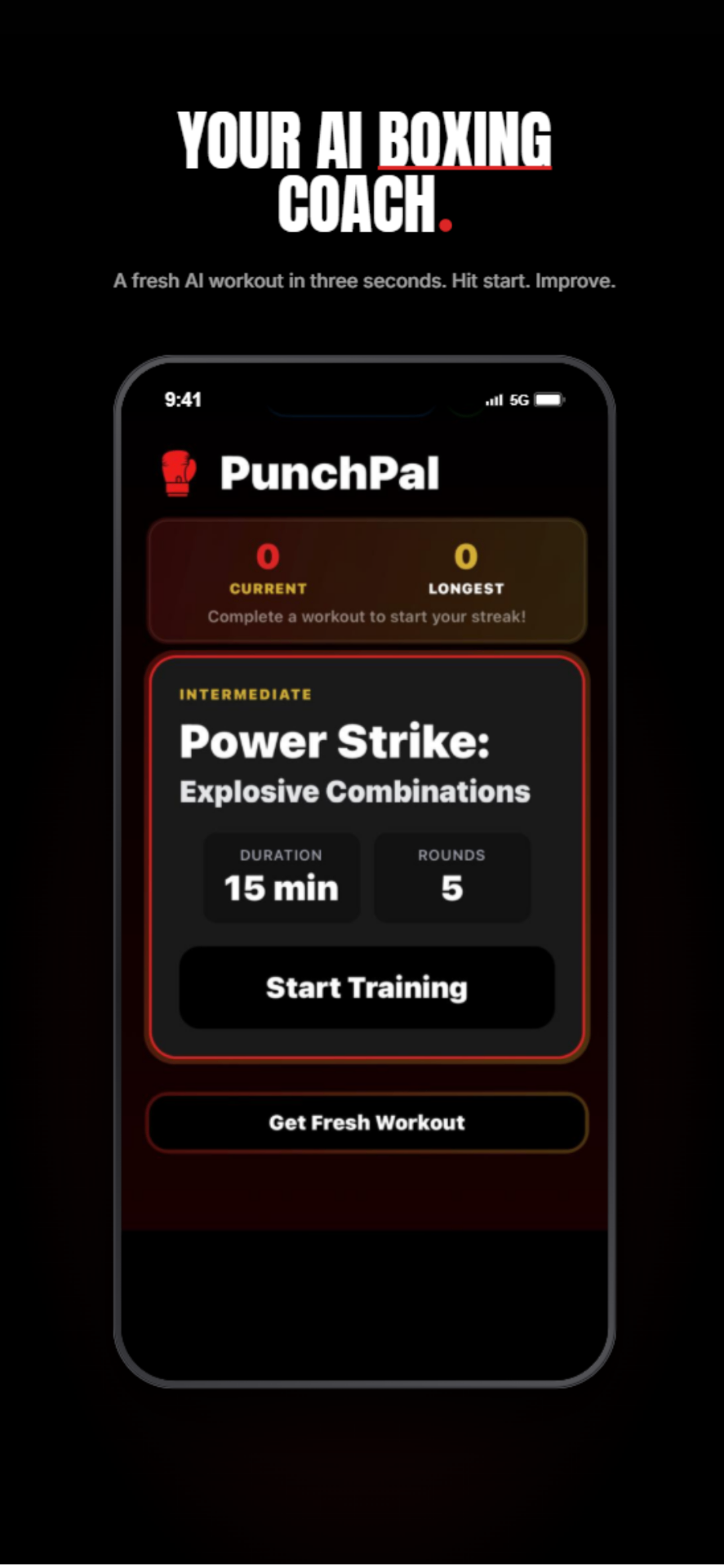 PunchPal Home screen showing a fresh AI-generated boxing workout ready to start.