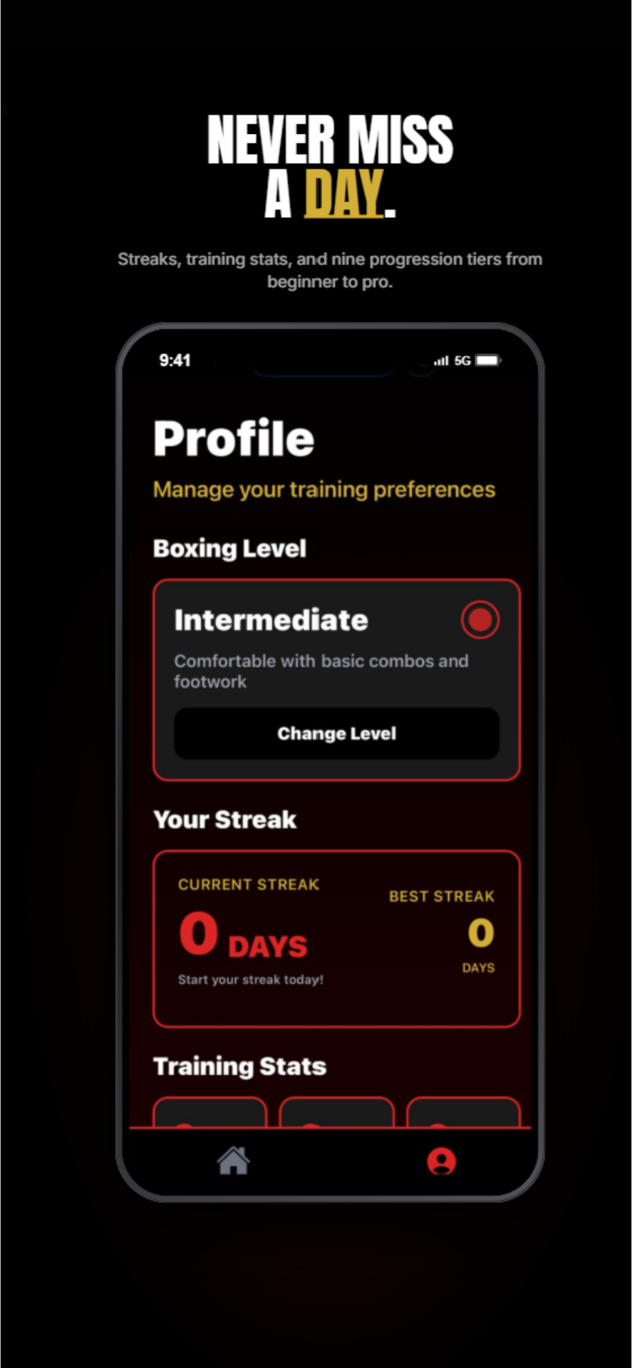 Profile screen showing streaks and achievements.
