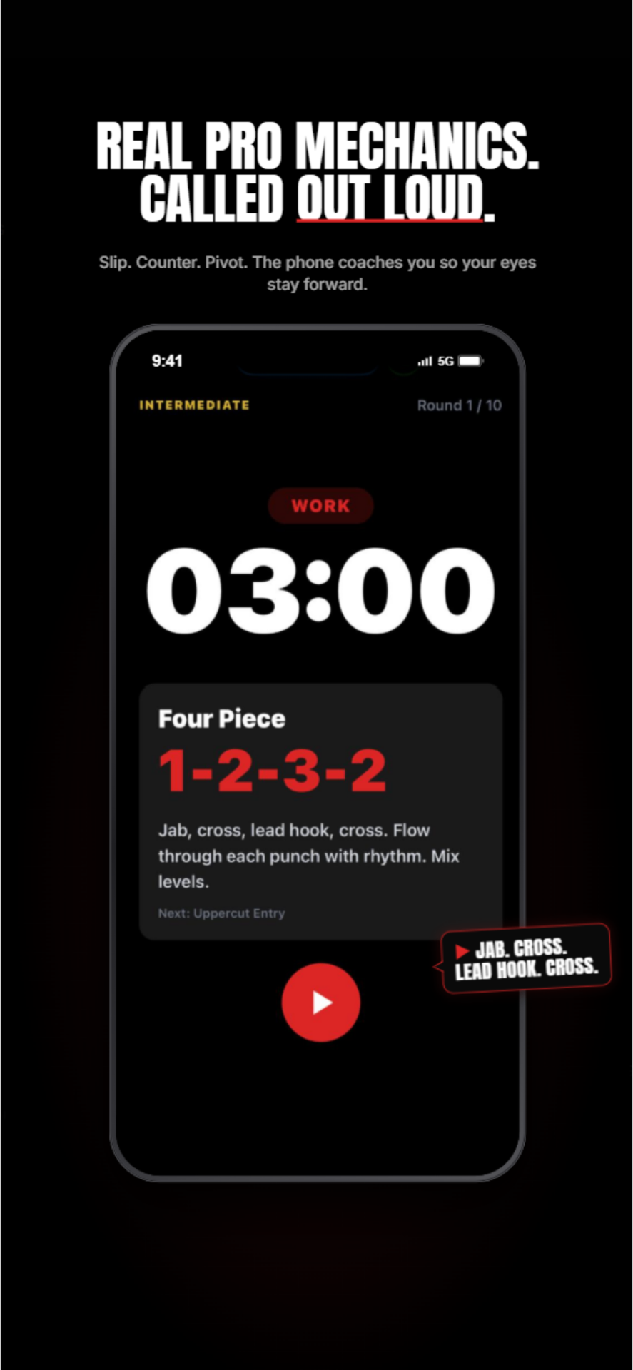 Round timer mid-workout calling the 1-2-3-2 combo out loud.